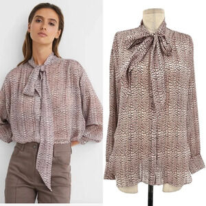 Reiss Kelsie Metallic Tie Neck Top Pink Blouse Size US 6